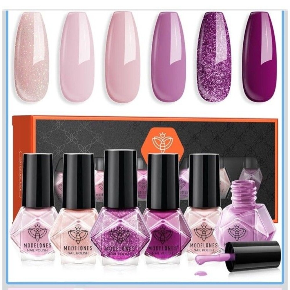 Modelones Nail Polish Set 6 Colors Purple Pink Glitter Quick Dry Manicure Kit